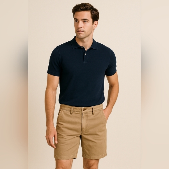 Old Navy Flat Front 7" Shorts Size 33 Khaki Chinos 5 Pockets Ultimate Slim - Picture 1 of 6